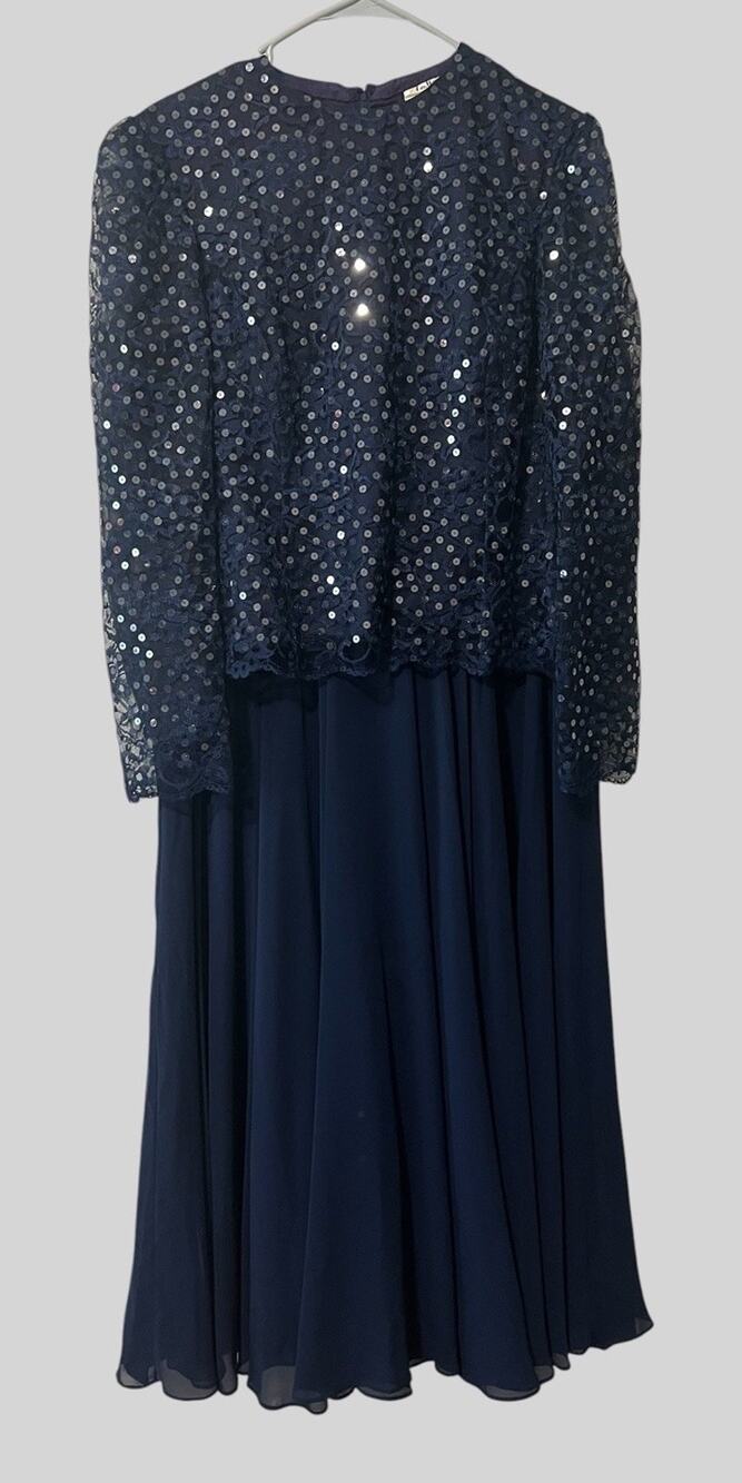 Talbots Joan Leslie Navy Sequins Lace Size 16 Midi Dress Chiffon Vtg Elegant